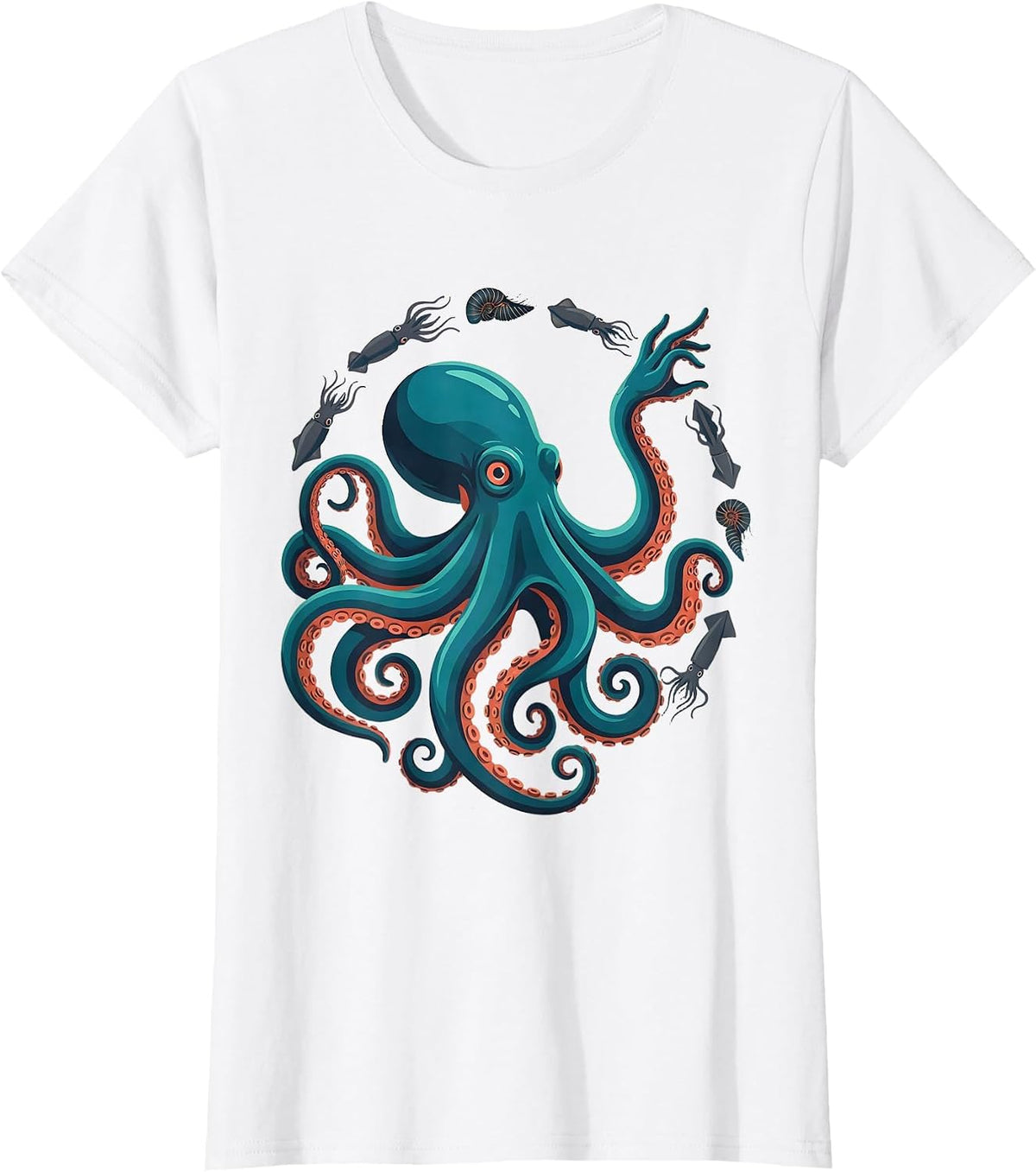 Women's Octopus Squid Cuttlefish Nautilus Sea Creature Marine Lover T-Shirt - White