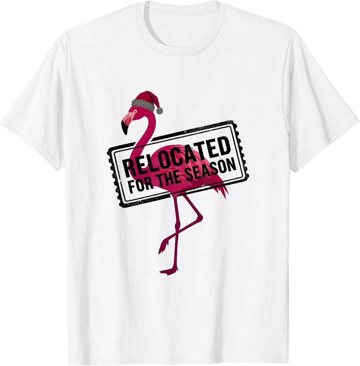 Men's Relocated For The Season Funny Pink Flamingo Santa Hat T-Shirt - White