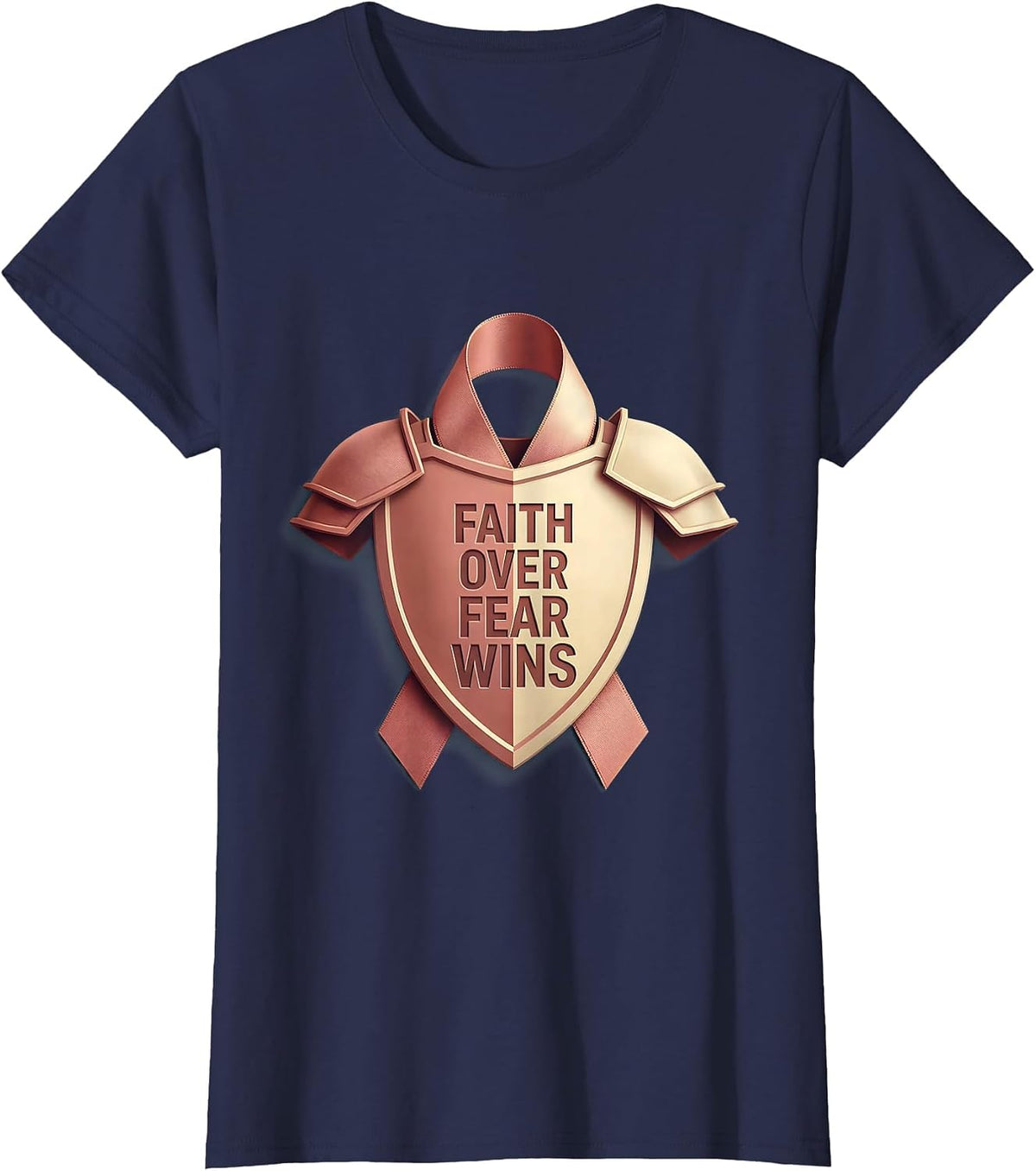 Women's Faith Over Fear Wins Breast Cancer Awareness Design T-Shirt - Navy Blue