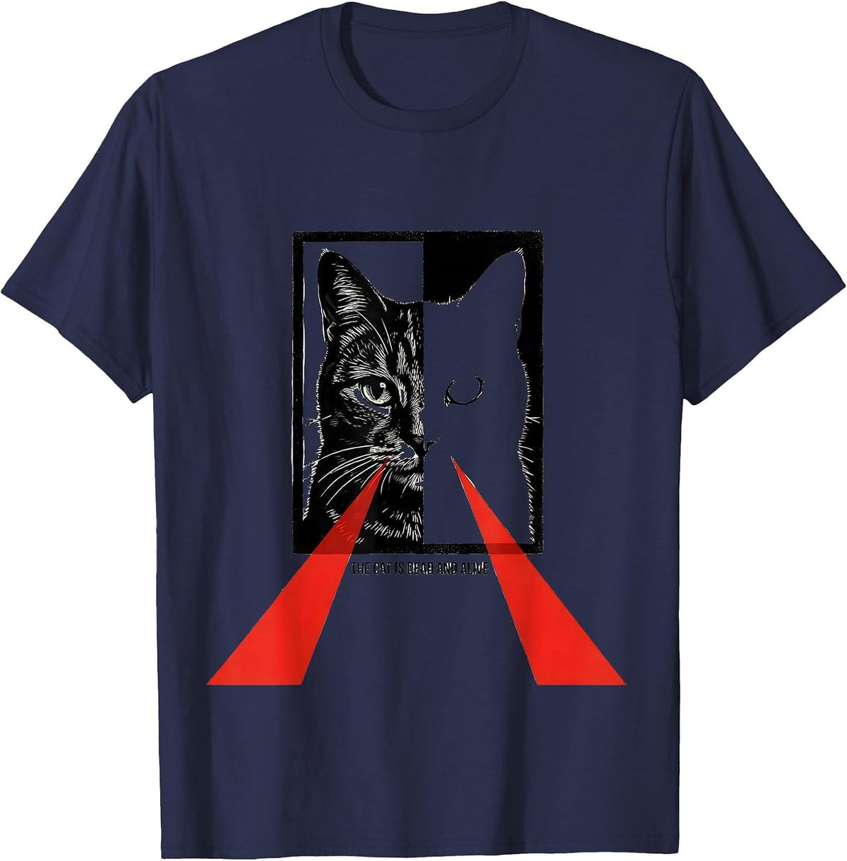The Cat Is Dead And Alive Stencil Quantum Physics Humor T-Shirt - Navy Blue