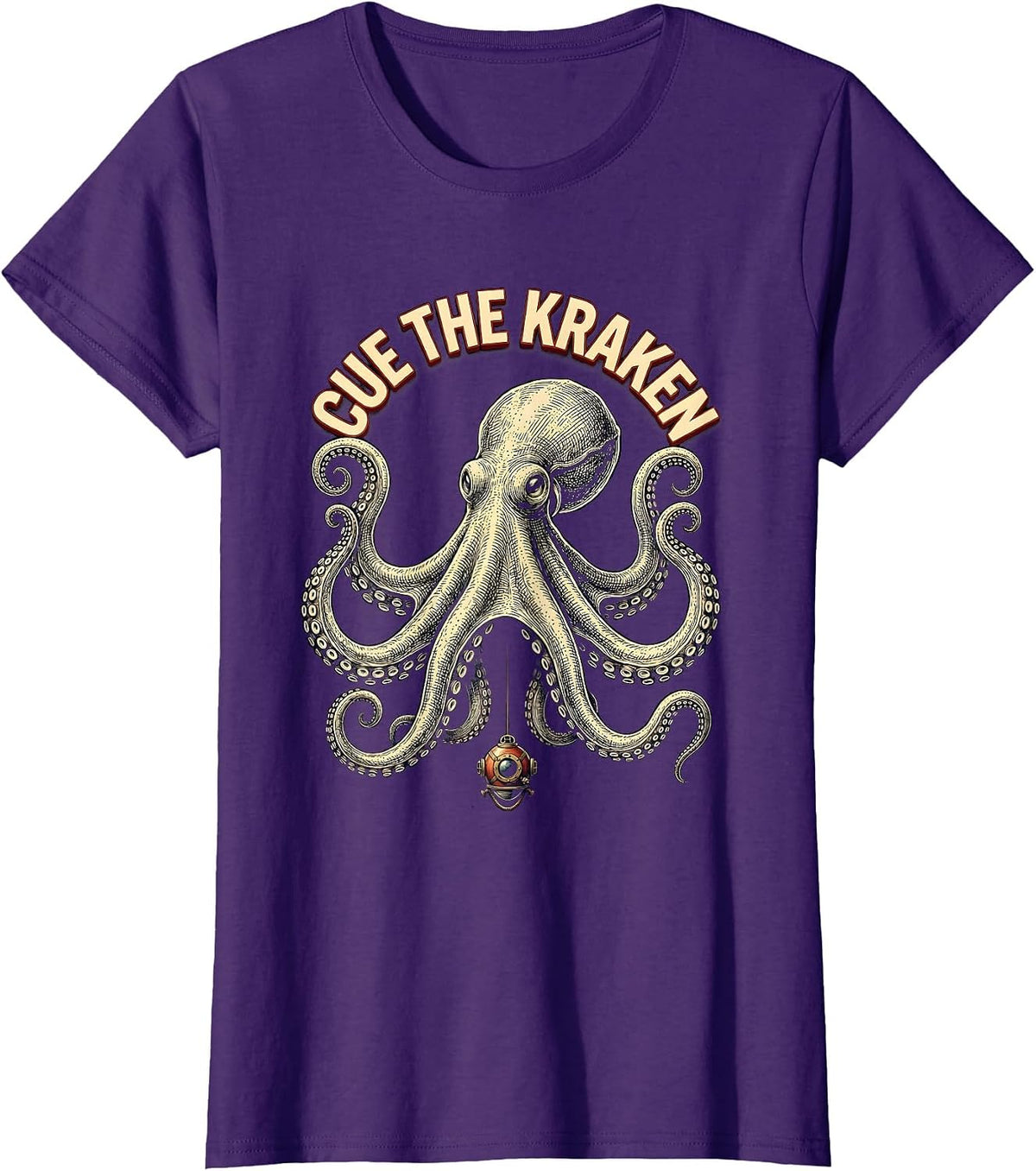 Women's Cue The Kraken Playful Octopus Sea Monster Ocean Lover Humor T-Shirt - Purple