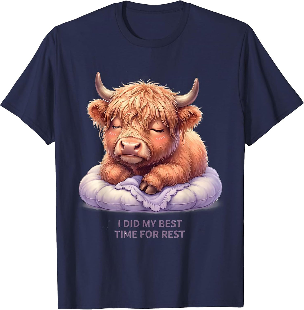 Men's I Did My Best, Time For Rest Cute Kawaii Highland Cow T-Shirt - Navy Blue