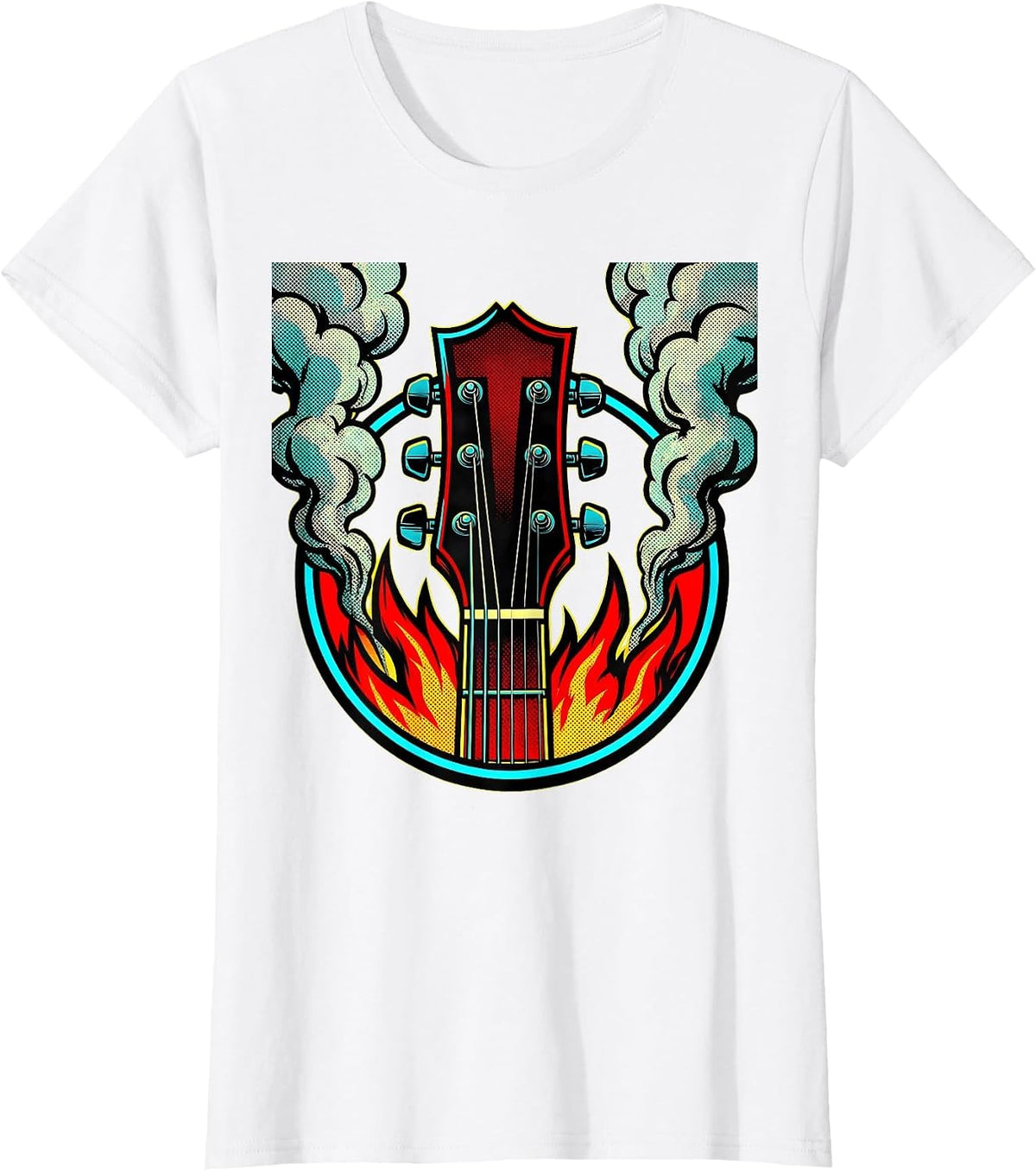 Guitar Headstock Flames Rock Music Graphic T-Shirt - White