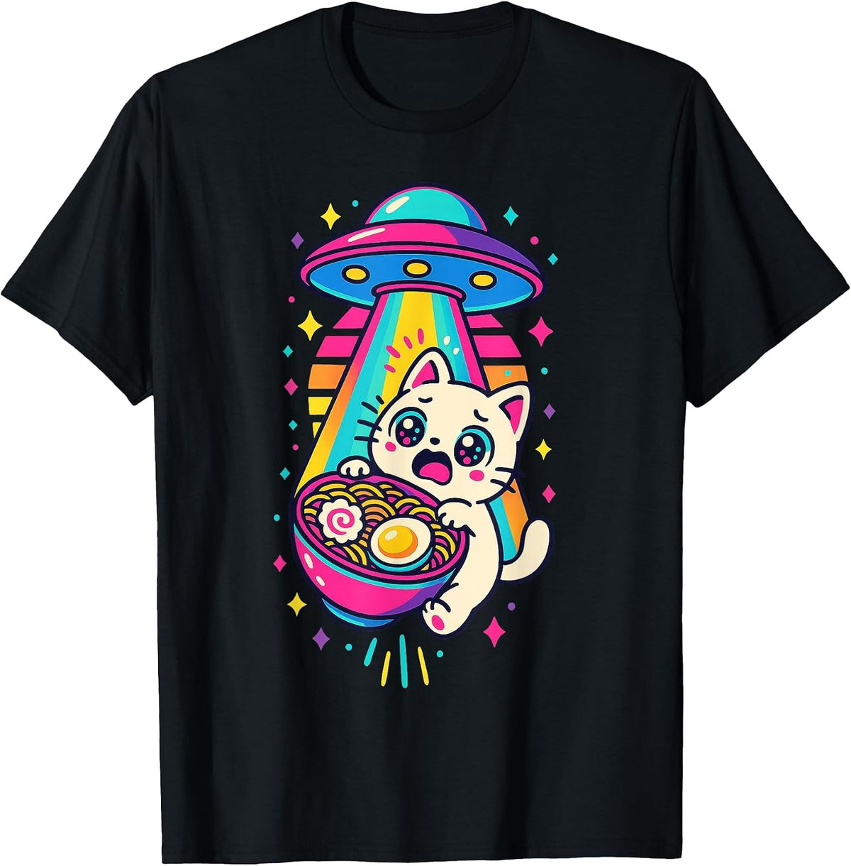 Funny Kawaii Cat Ramen UFO Japanese Anime Women Girls Teens T-Shirt - Black