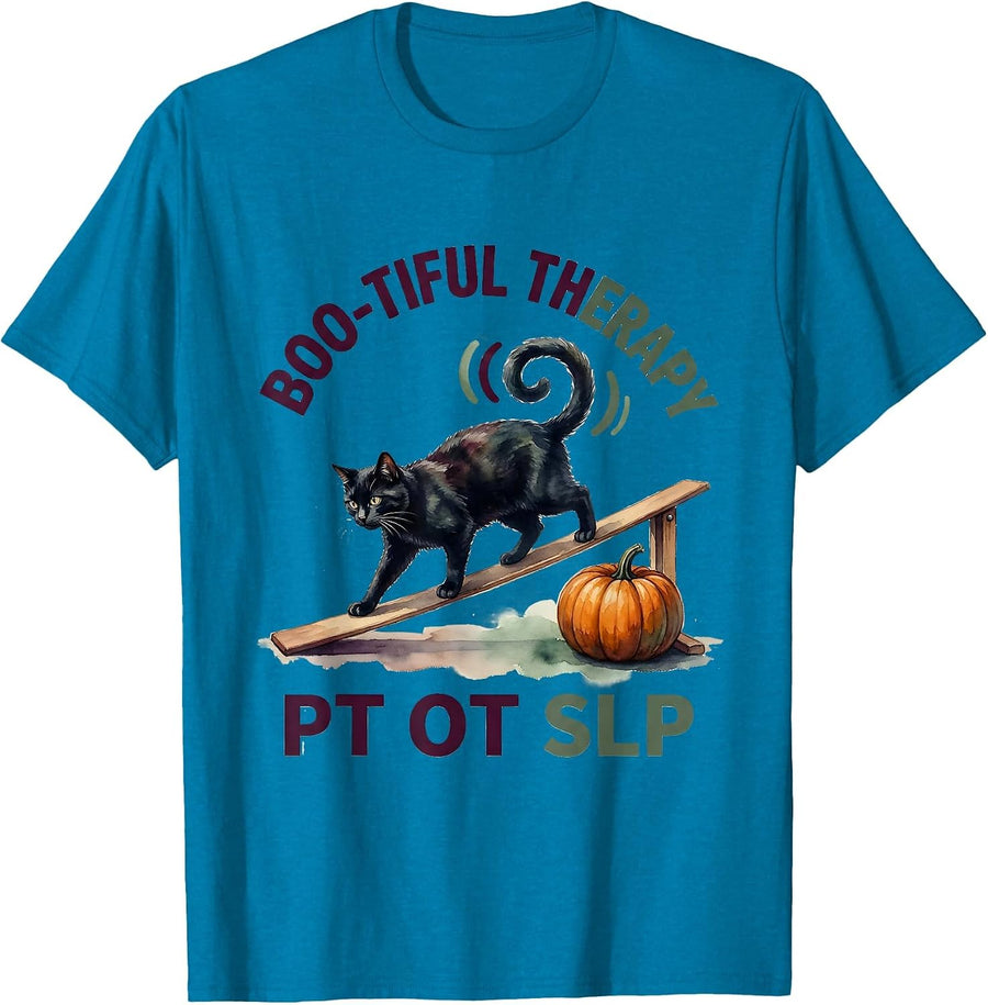 Boo-tiful Therapy PT OT SLP Watercolor Halloween Therapy T-Shirt - Sapphire Blue