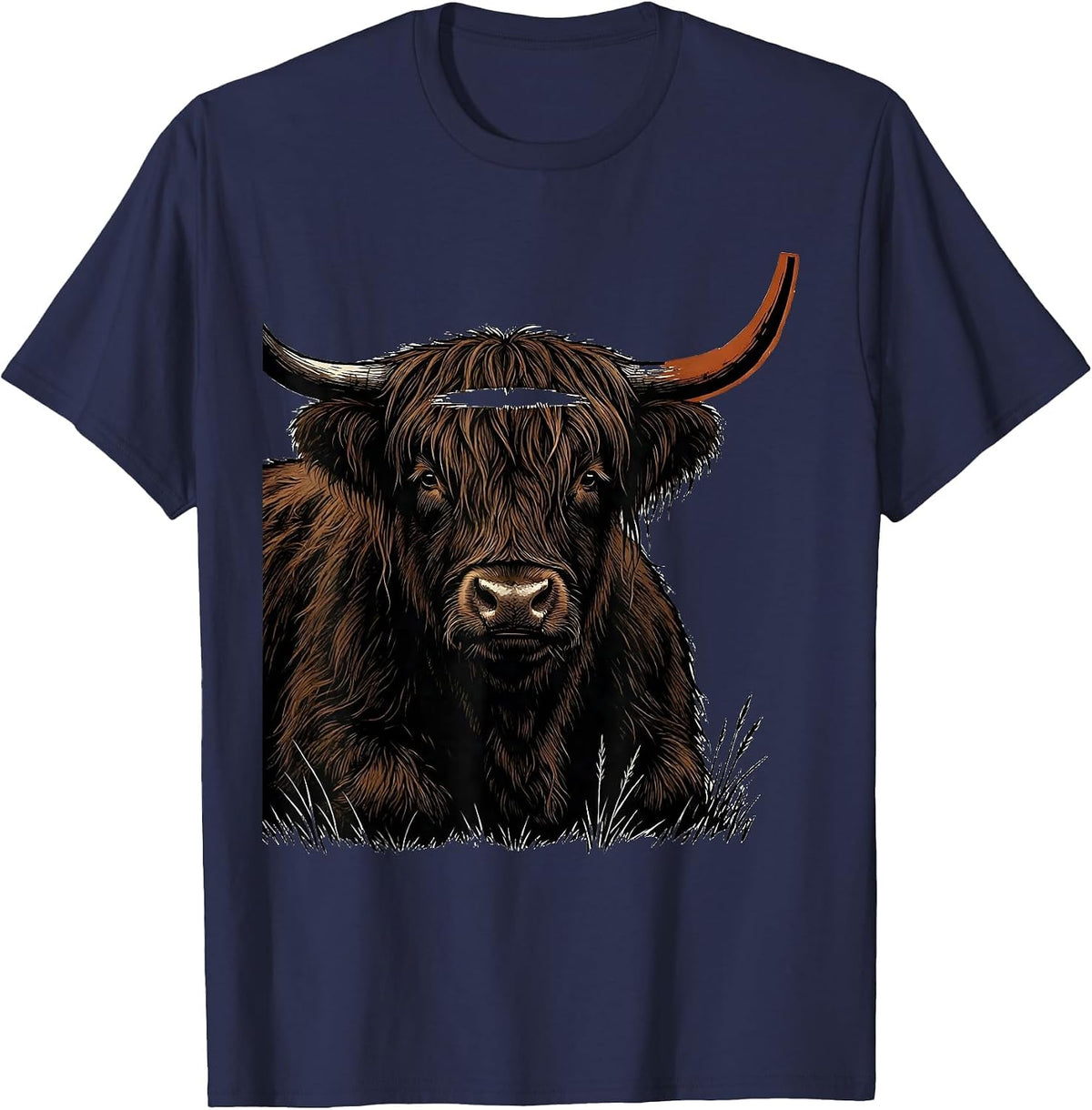 Men's Highland Cow Silhouette Linocut Cute Cow Lover Art T-Shirt - Navy Blue