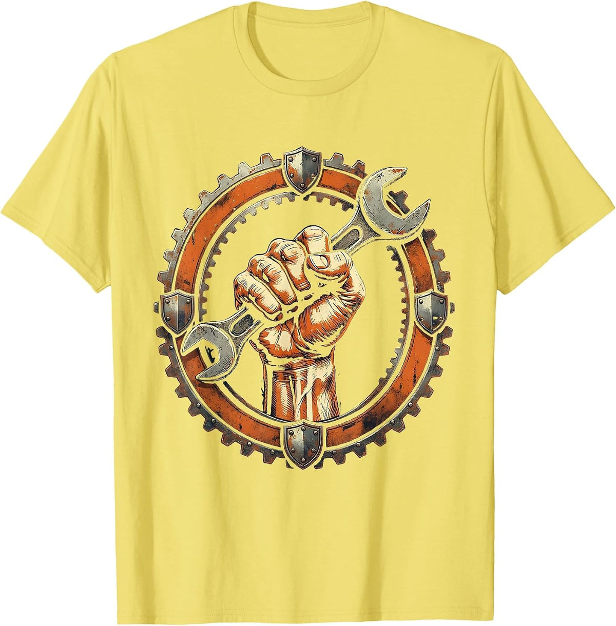 Men's Labor Day Muscular Fist Wrench Graphic T-Shirt - Lemon Yellow