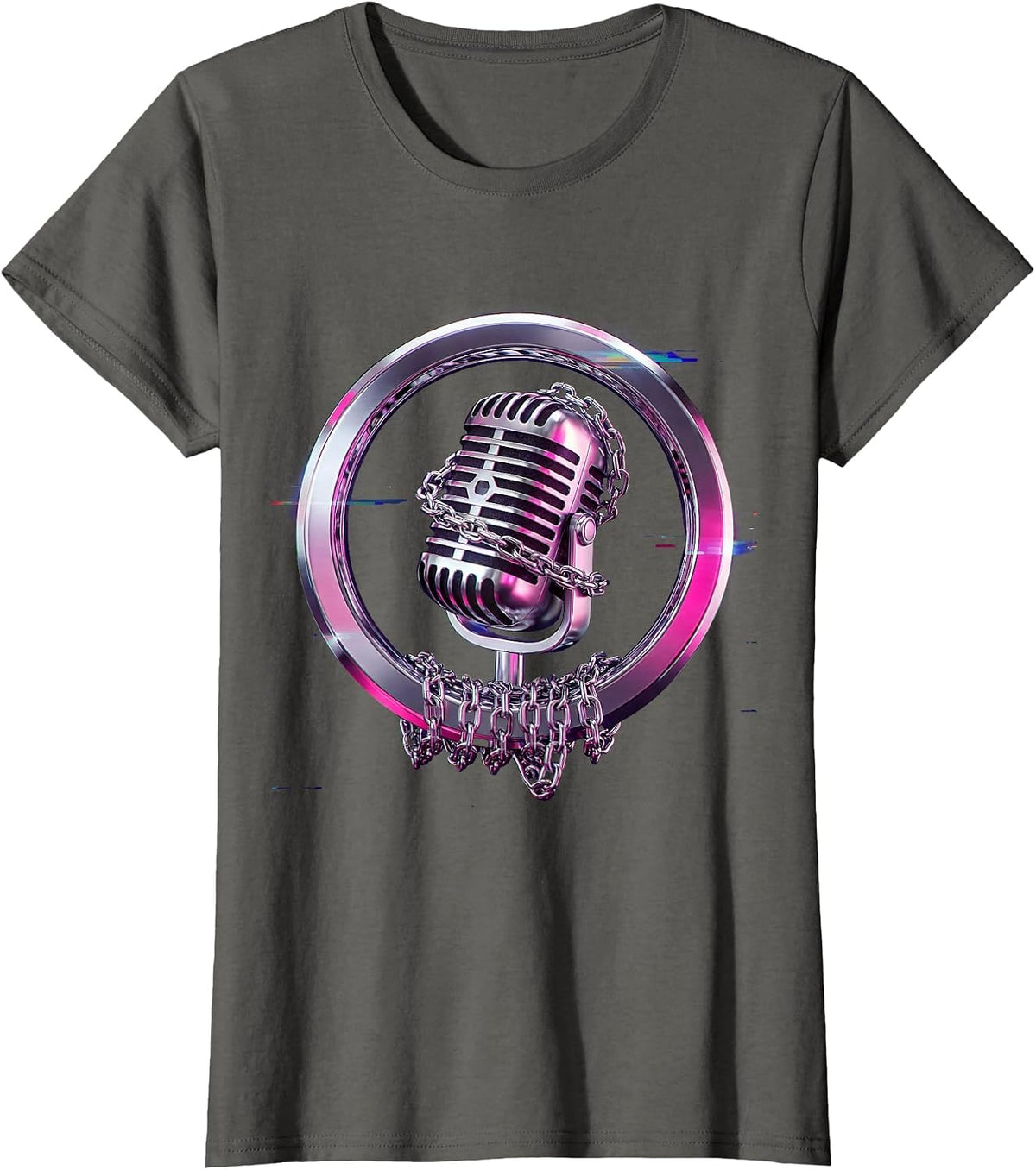 Women's Gold Chain Microphone Hip Hop Graphic Tee T-Shirt - Asphalt Grey