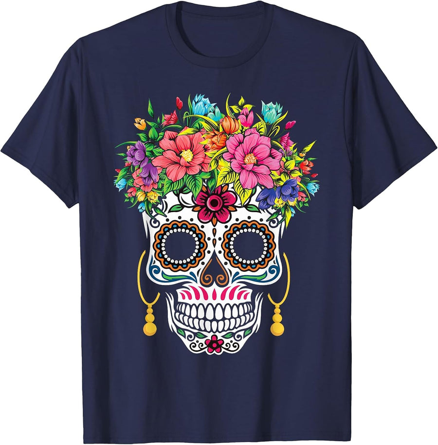 Dia De Los Muertos Day of The Dead Sugar Skull Halloween T-Shirt - Navy Blue