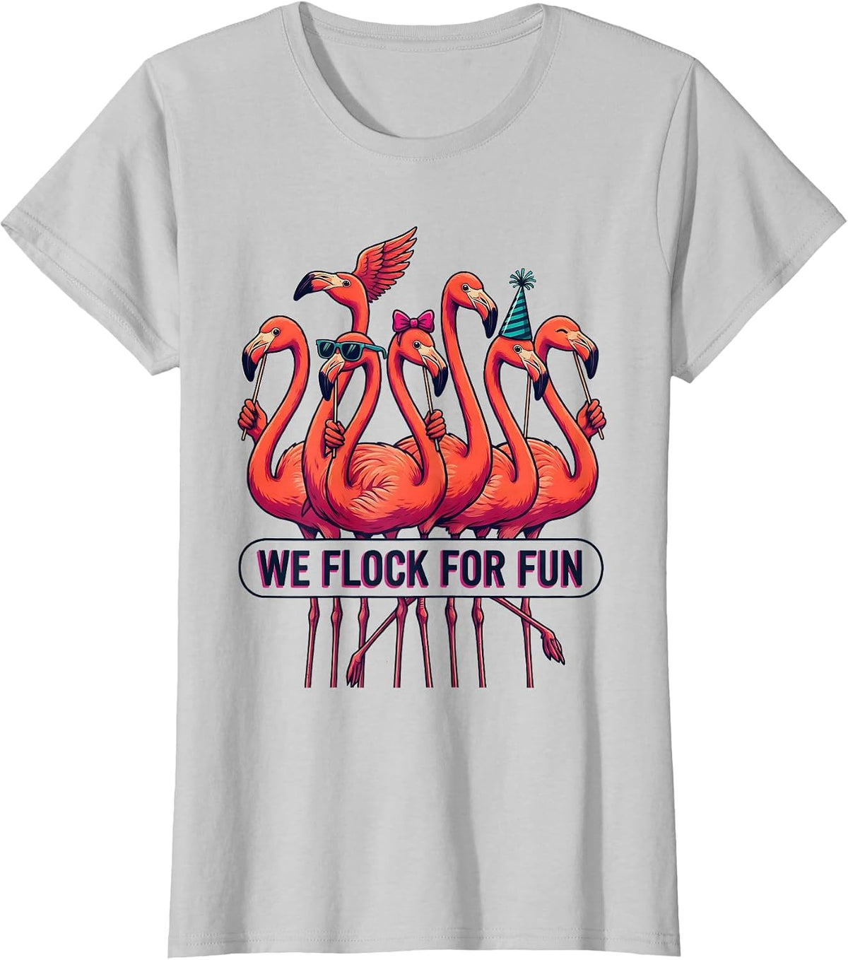 Women's We Flock For Fun Flamingo Novelty Bird Humor Matching Group T-Shirt - Silver Grey