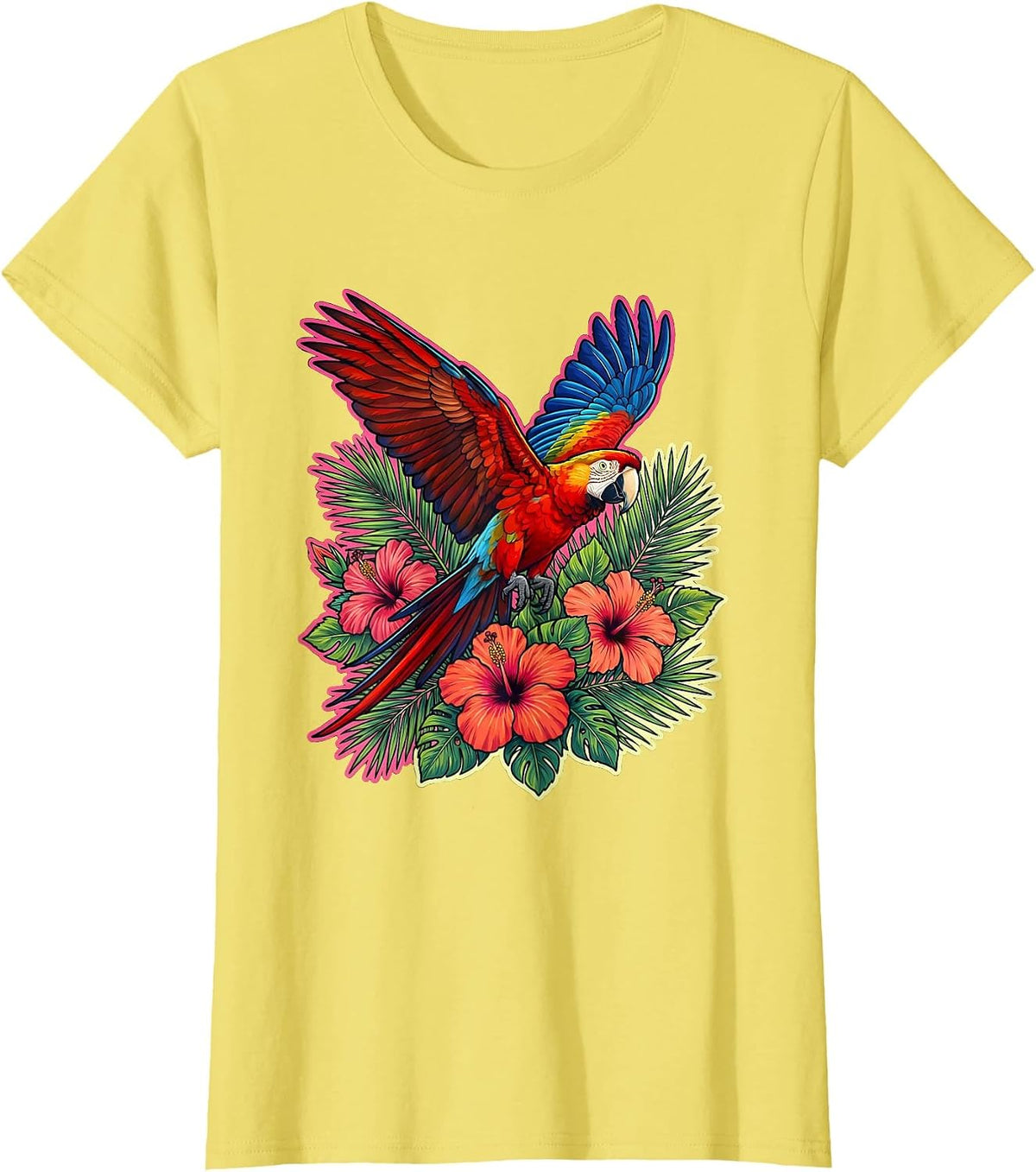Women's Macaw in Flight Over Jungle Canopy Hawaiian T-Shirt - Lemon Yellow
