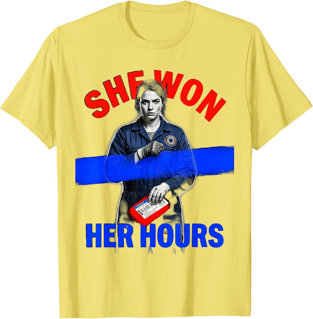 Men's She Won Her Hours Union Strong Labor Day Worker Pride T-Shirt - Lemon Yellow