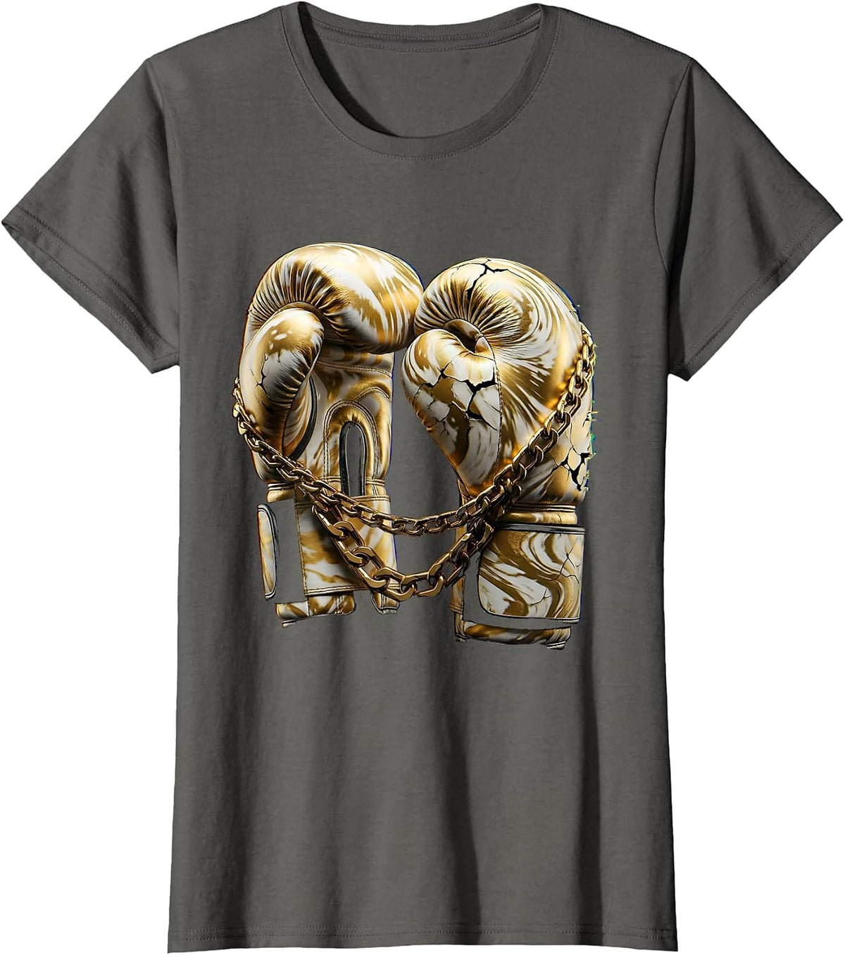 Women's Gold Chain Boxing Gloves Hip Hop Graphic T-Shirt - Asphalt Grey