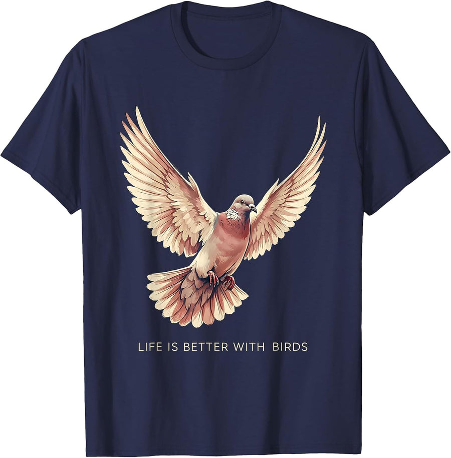 Life Is Better With Birds Nature Lover Design T-Shirt - Navy Blue