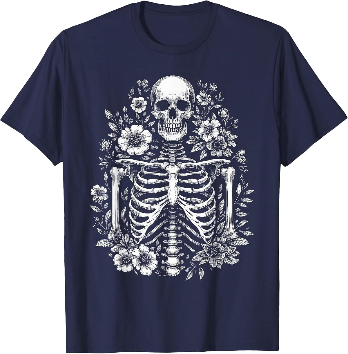 Floral Skeleton Flowers Goth Aesthetic T-Shirt - Navy Blue