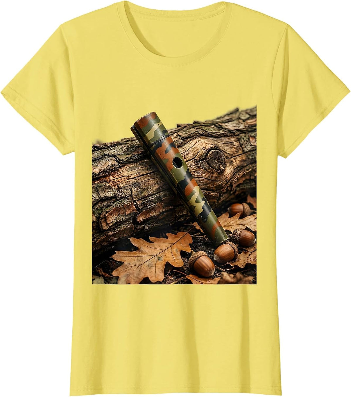 Women's Camo Duck Call on Weathered Log Graphic T-Shirt - Lemon Yellow