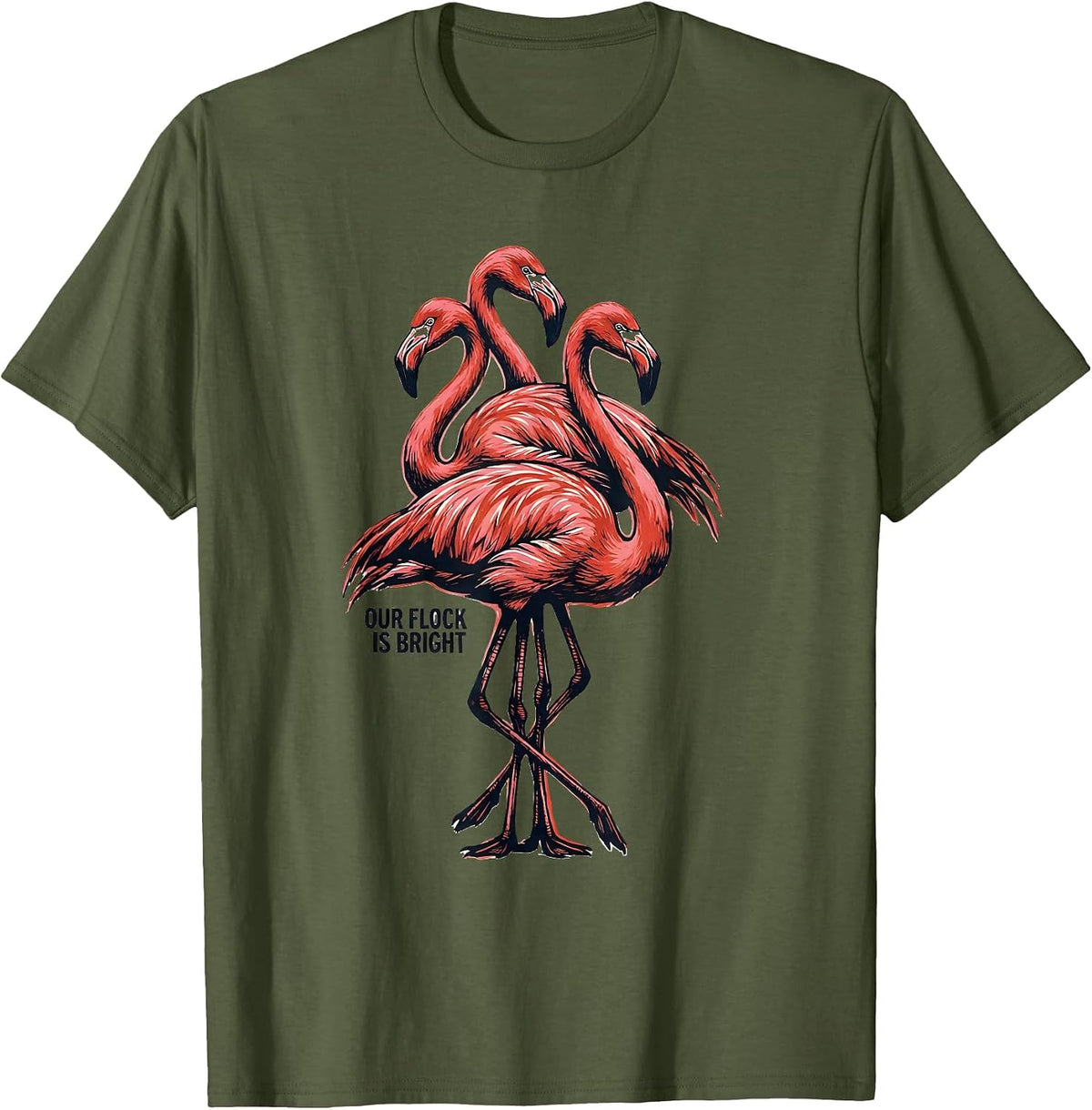 Men's Our Flock Is Bright Linocut Flamingo Lover Family Matching T-Shirt - Olive Green