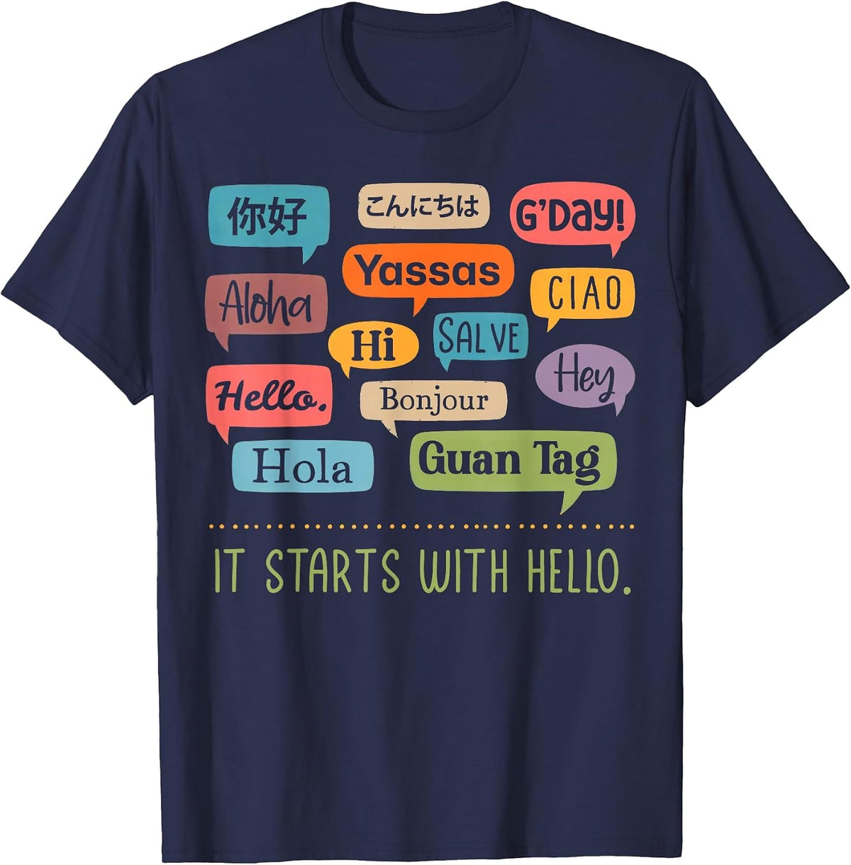 It Starts with Hello Friendship Unity Inclusion Teacher T-Shirt Tee for Educators - Navy Blue