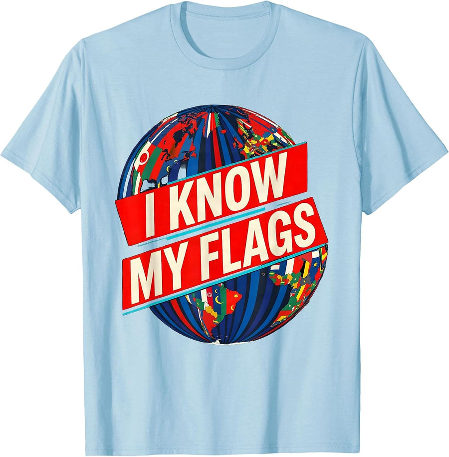 Men's I Know My Flags Geography Enthusiast Teacher Travel Lover T-Shirt - Baby Blue