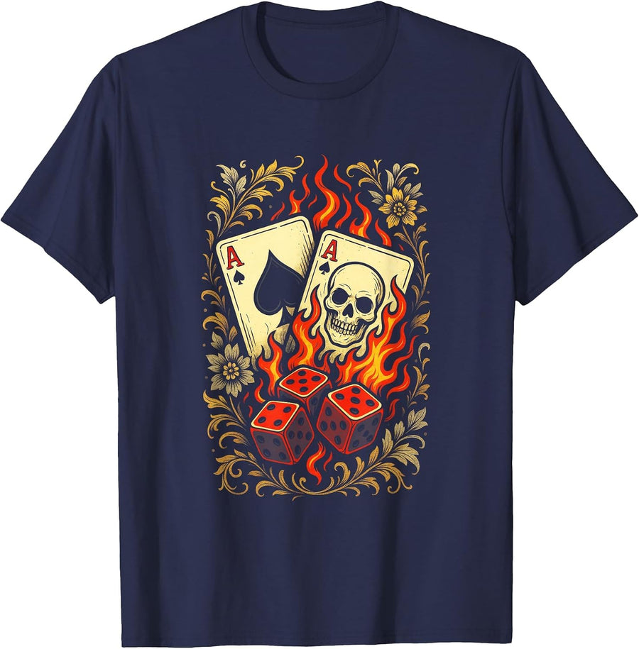 Cards Skull Flames Dice Gamble Vintage Edgy Poker T-Shirt - Navy Blue