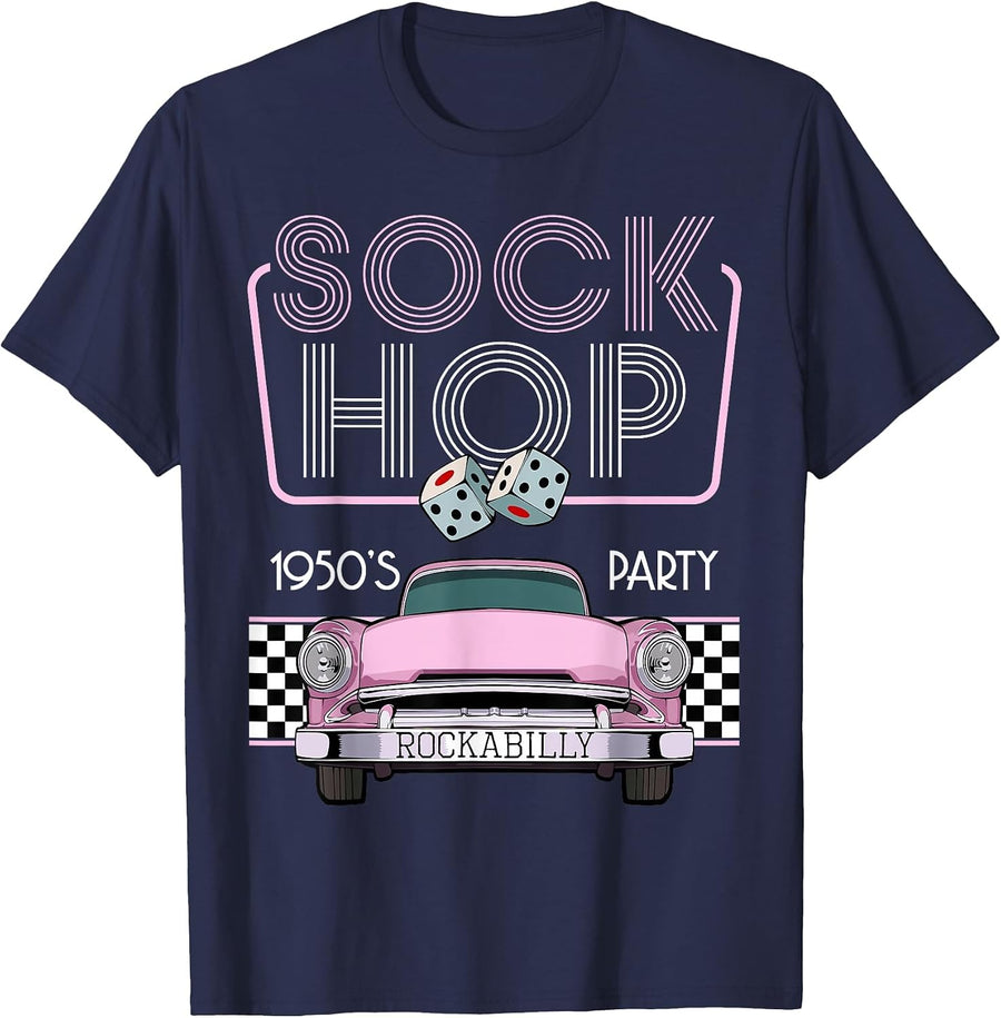 50s Hip Hop Retro 1950s Party Pink Vintage Dance Car Dancer T-Shirt - Navy Blue