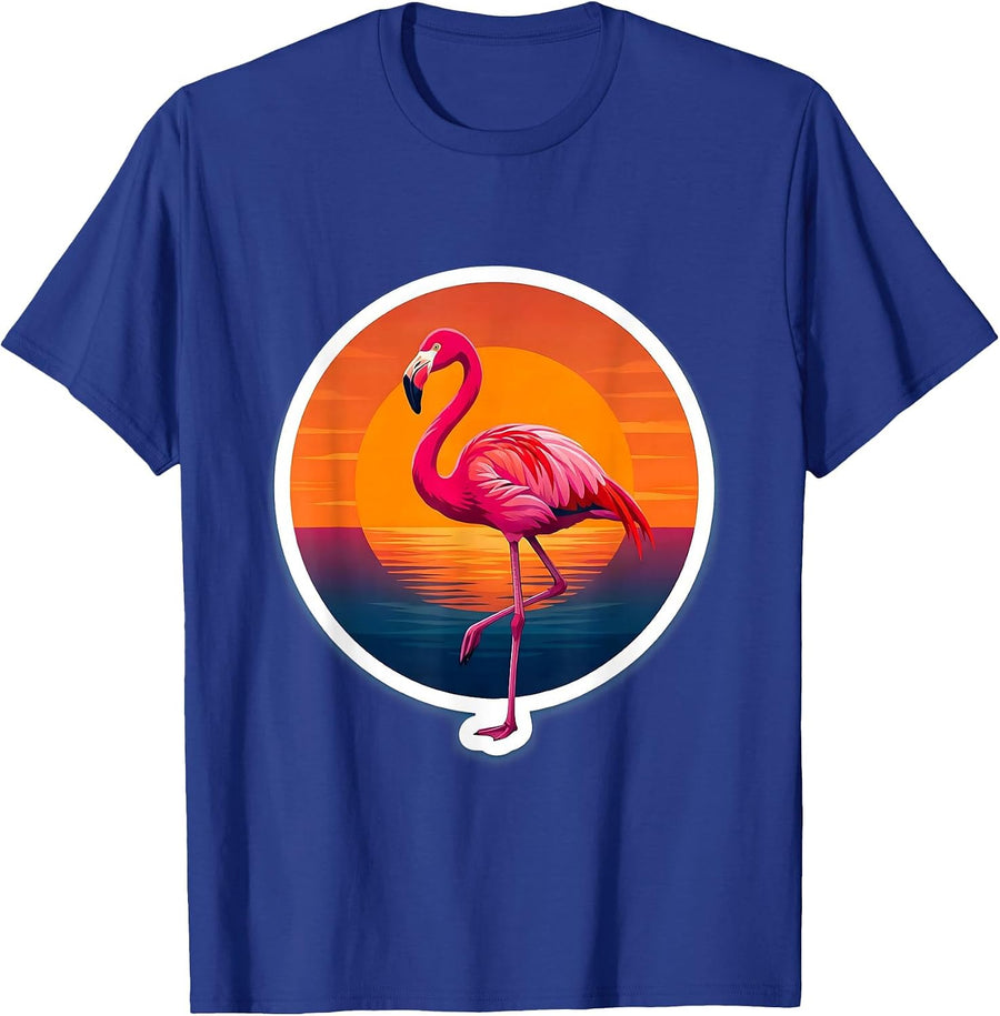 Flamingo Sunset One Leg Balance Illustration T-Shirt - Royal Blue