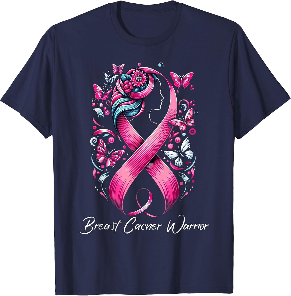 Faith Hope Love Ribbon Breast Cancer Awareness Warrior Pink T-Shirt - Navy Blue