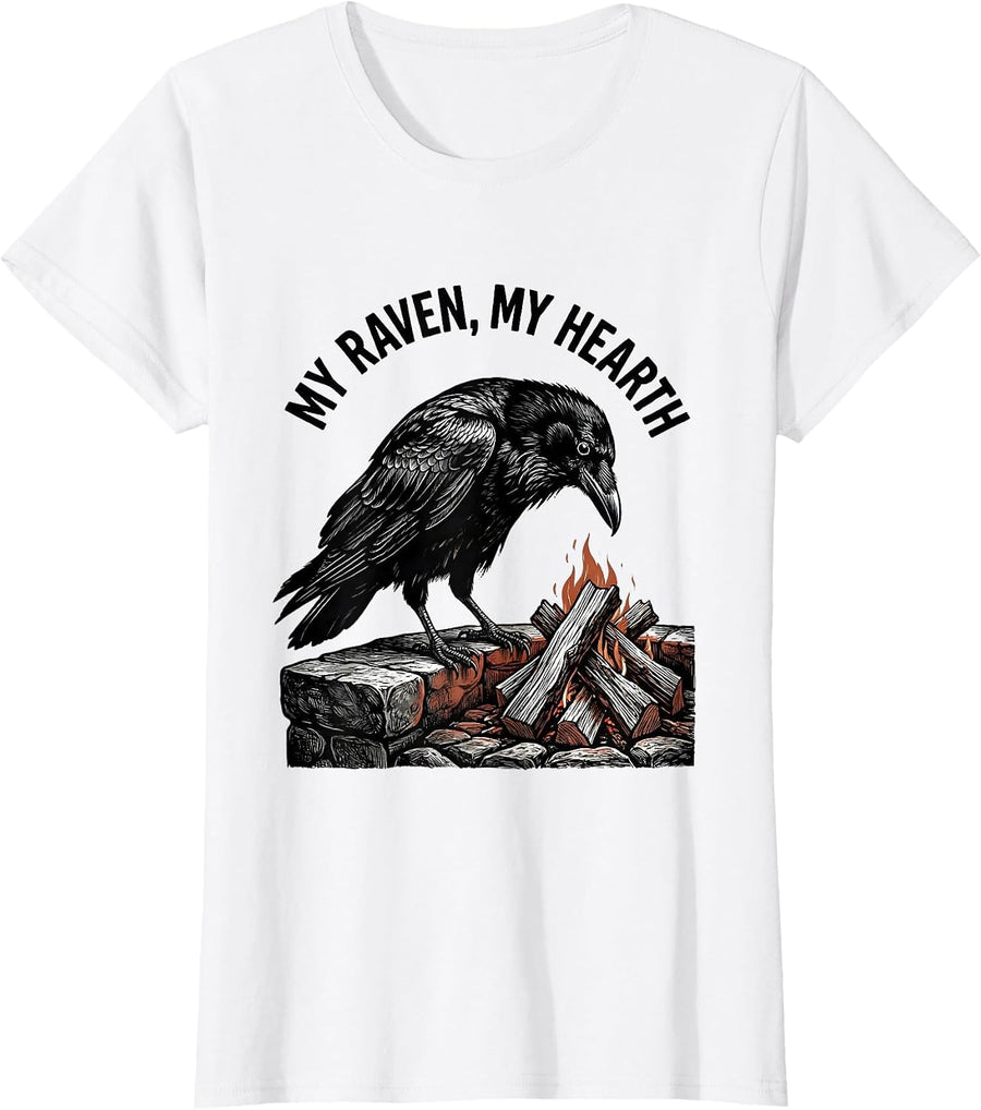 Women's My Raven, My Hearth Gothic Raven Dark Humor Crow Lover T-Shirt - White