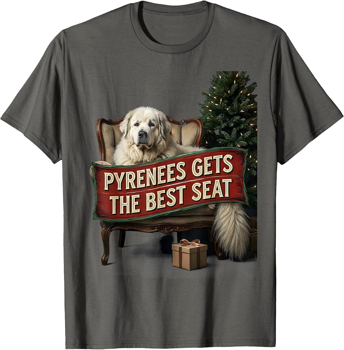 Men's Pyrenees Gets The Best Seat Funny Christmas Dog Breed Lover T-Shirt - Asphalt Grey