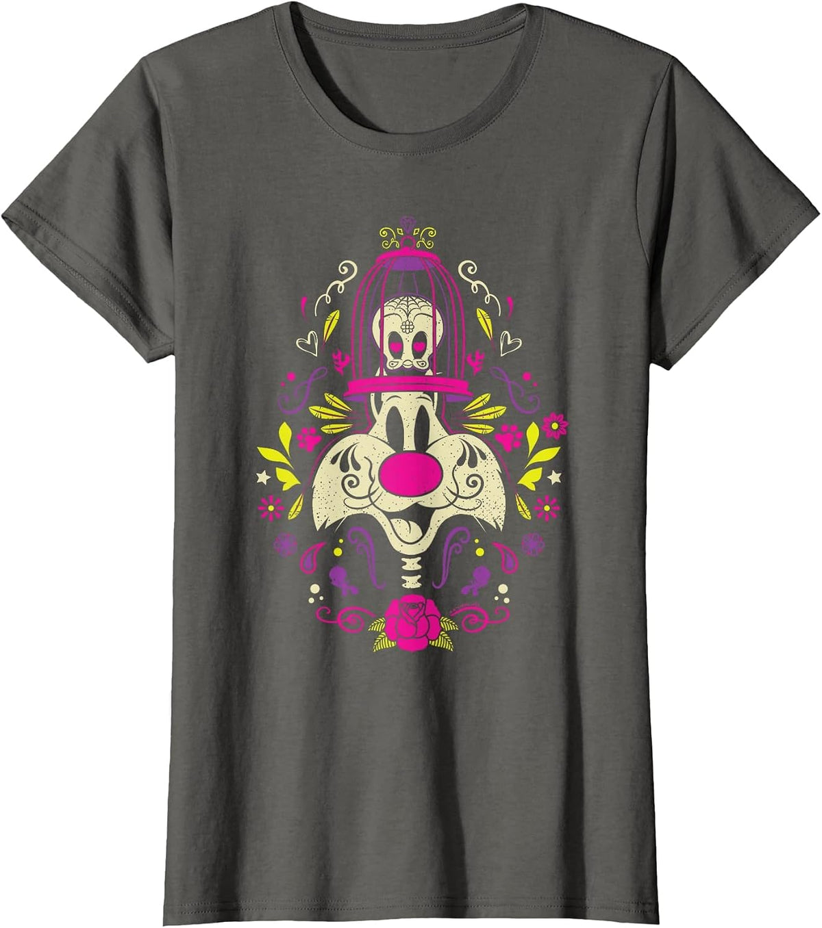 Looney Tunes Dia de Los Muertos Sylvester & Tweety Halloween T-Shirt - Asphalt Grey
