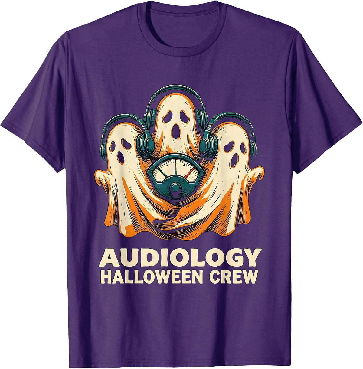 Audiology Halloween Crew Linocut Medical Worker Boo Crew T-Shirt - Purple