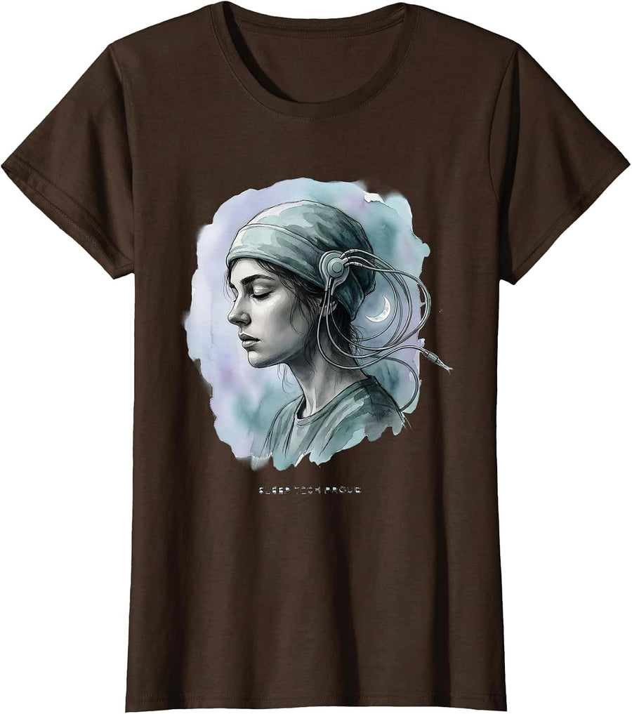 Women's Sleep Tech Proud Watercolor Allied Health Tech Professional T-Shirt - Brown