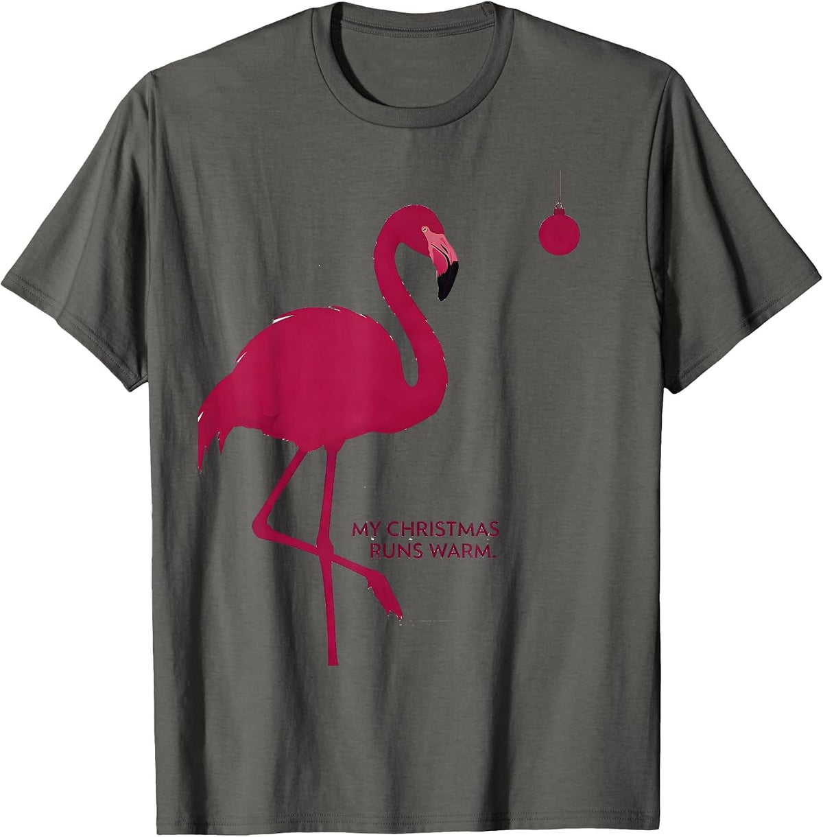 Men's My Christmas Runs Warm Funny Pink Flamingo Christmas in July T-Shirt - Asphalt Grey