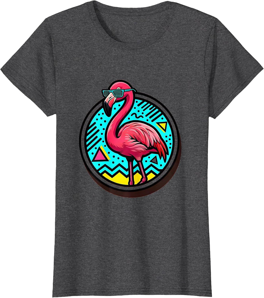 Women's Neon Flamingo Sunglasses Retro 80s Design T-Shirt - Dark Heather Grey