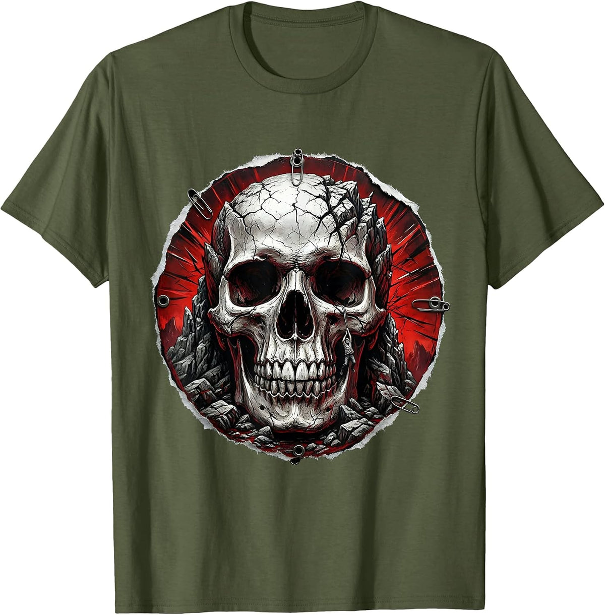 Rock Climber Hanging From Giant Skull Cliff T-Shirt - Olive Green