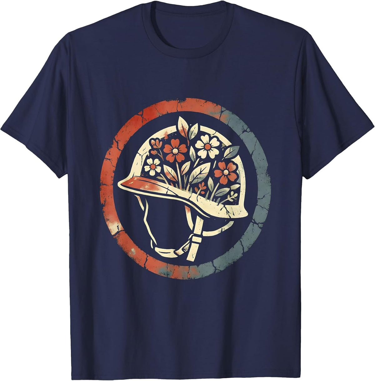 Red White Blue Soldier Helmet Wildflowers Graphic T-Shirt - Navy Blue