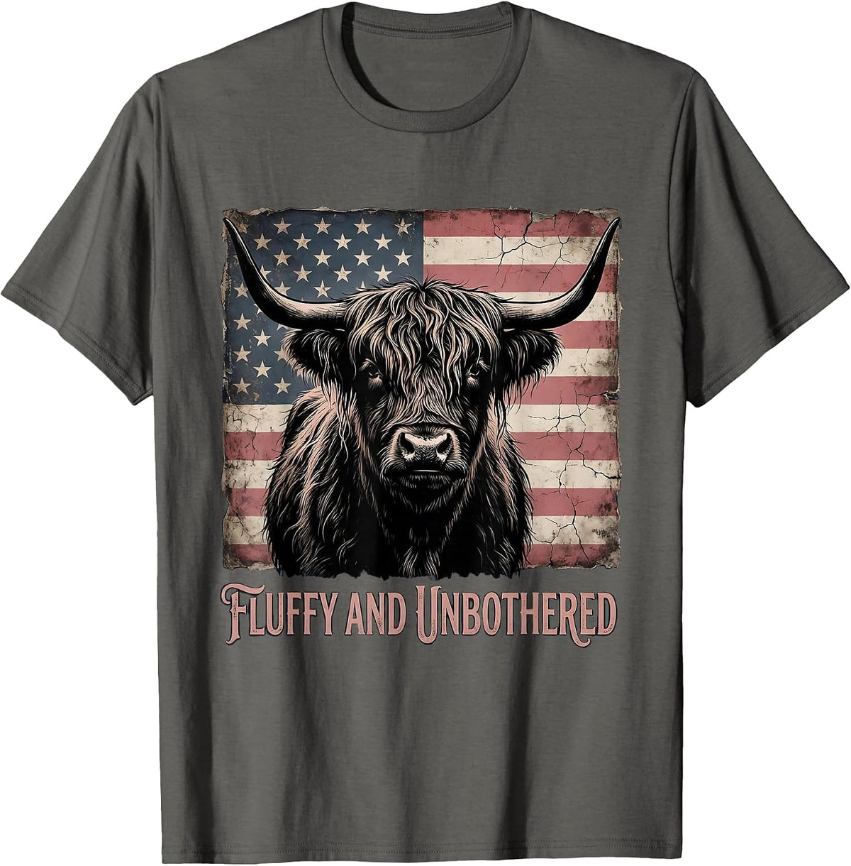 Fluffy and Unbothered Highland Cow Design T-Shirt - Asphalt Grey