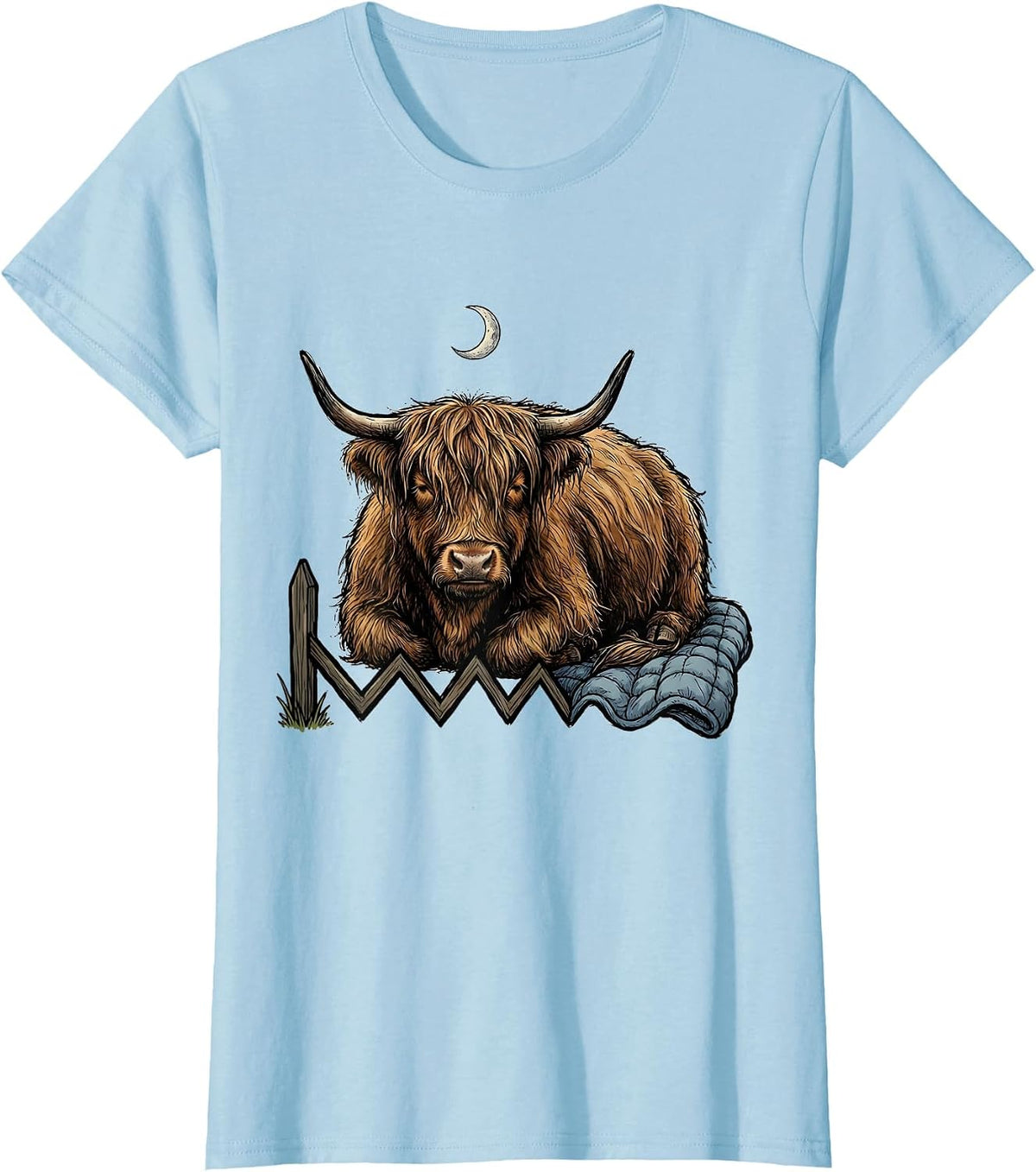 Sleeping Highland Cow Cozy Farm Animal Humor T-Shirt - Baby Blue
