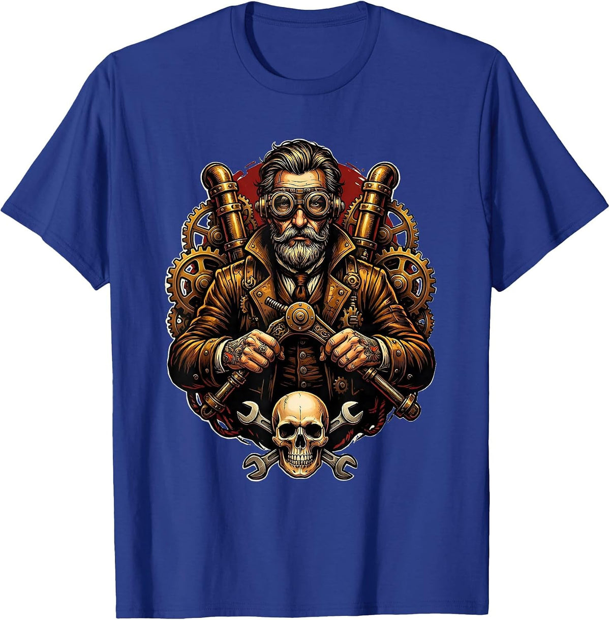 Men's Steampunk Scientist Lever Machine Illustration T-Shirt - Royal Blue