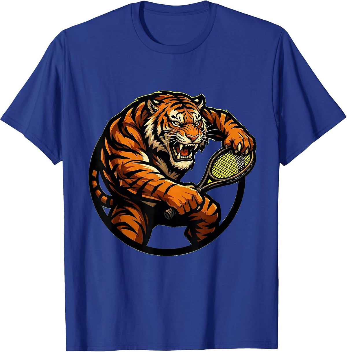 Tiger Tennis Player Fierce Lunging Racket Graphic T-Shirt - Royal Blue