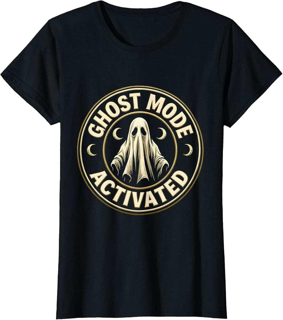 Ghost Mode Activated Spooky Season Design T-Shirt, Women, Black, Small - As Pictured