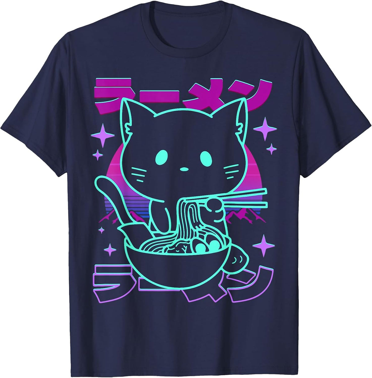 Anime Ramen Cat Retro Japanese Noodles Aesthetic Kawaii Cat T-Shirt - Navy Blue