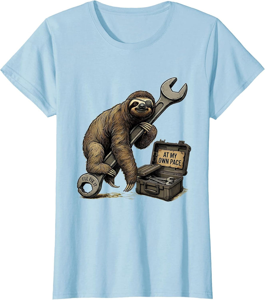 Women's I'll Fix It At My Own Pace Funny Sloth Lover Animal Humor T-Shirt - Baby Blue