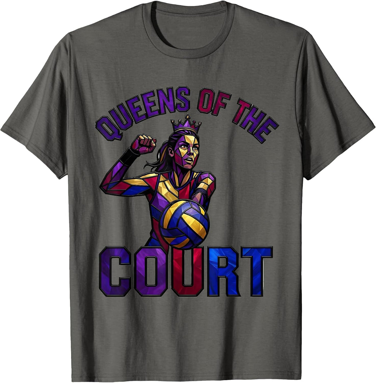 Queens of the Court Volleyball Design T-Shirt - Asphalt Grey