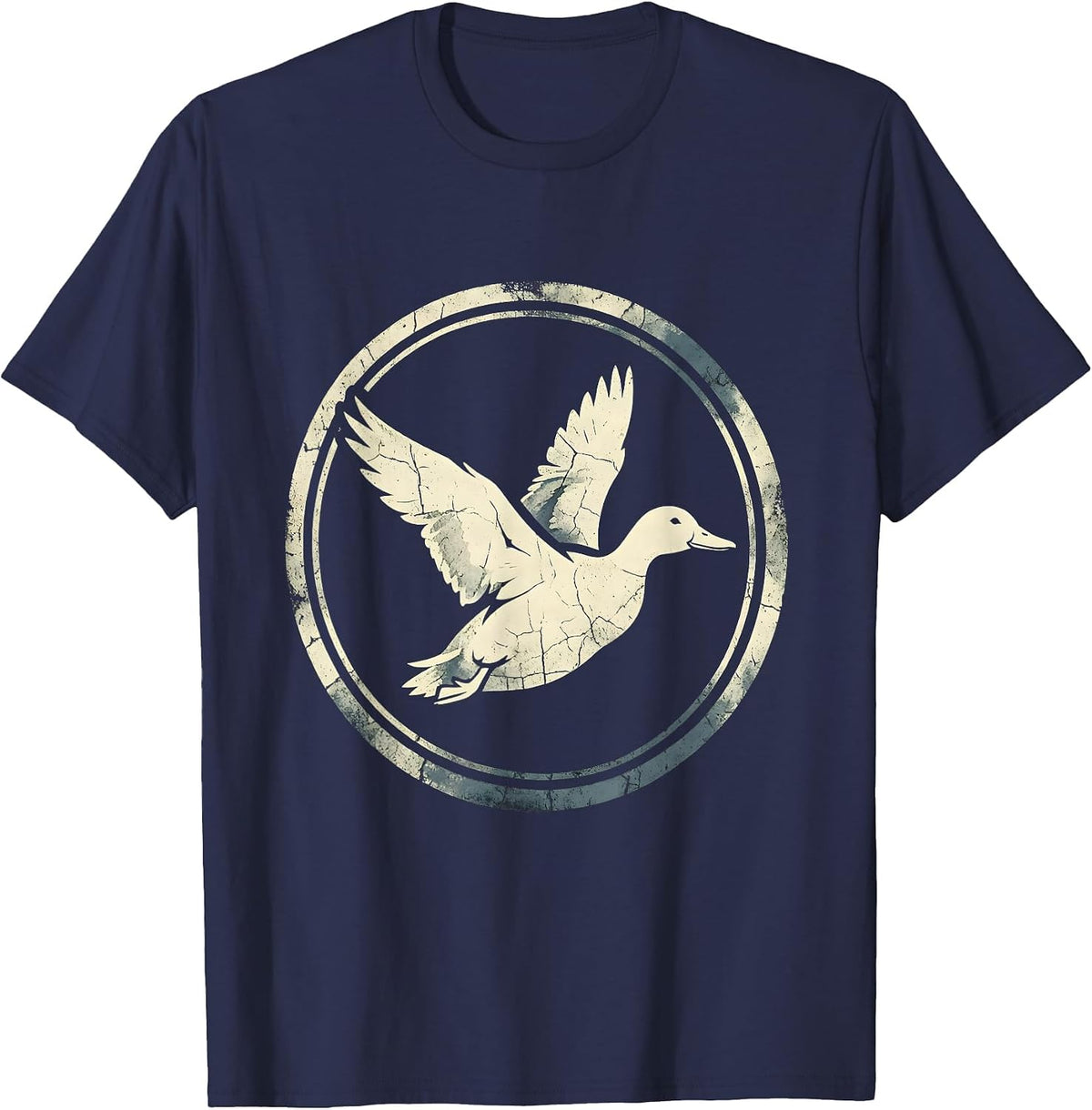 Duck Flying Over Marsh at Sunrise Camo Design T-Shirt - Navy Blue