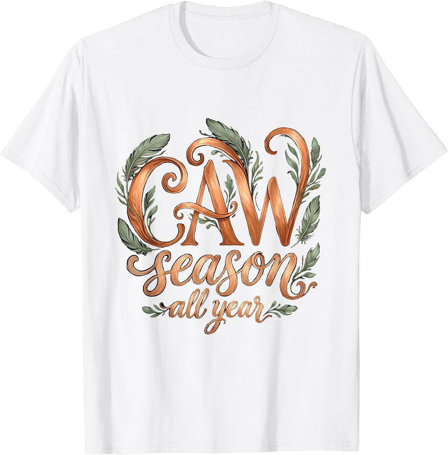 Men's CAW Season All Year Crow Bird Lover Design T-Shirt - White