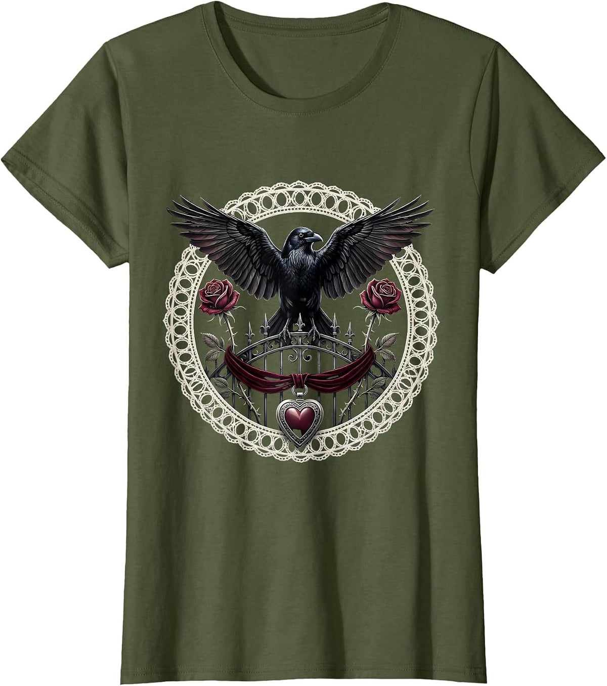 Women's Crow Flying Over Misty Graveyard Gothic Art T-Shirt - Olive Green