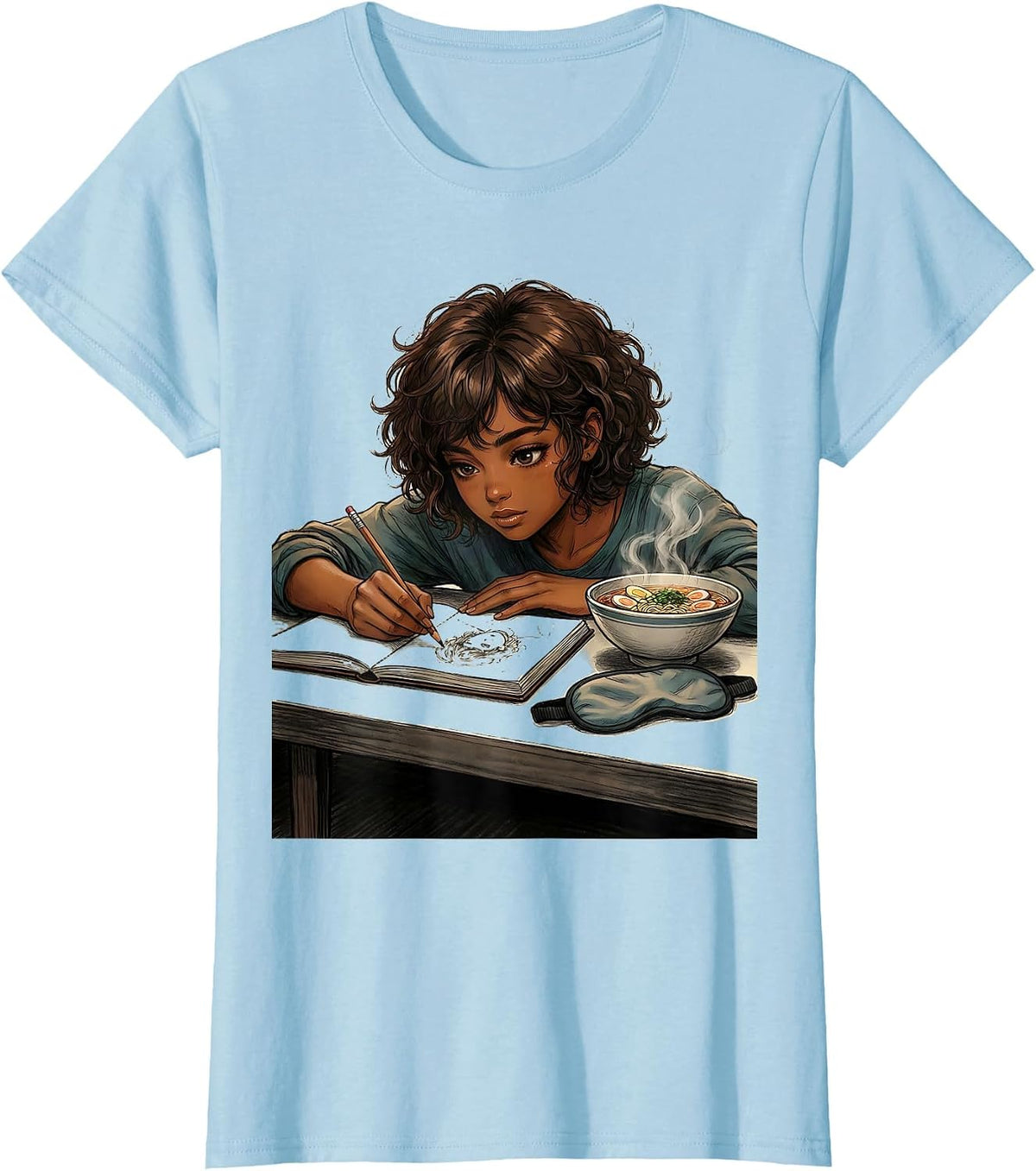 Anime Girl Afro Sketching Ramen Art Lover T-Shirt - Baby Blue
