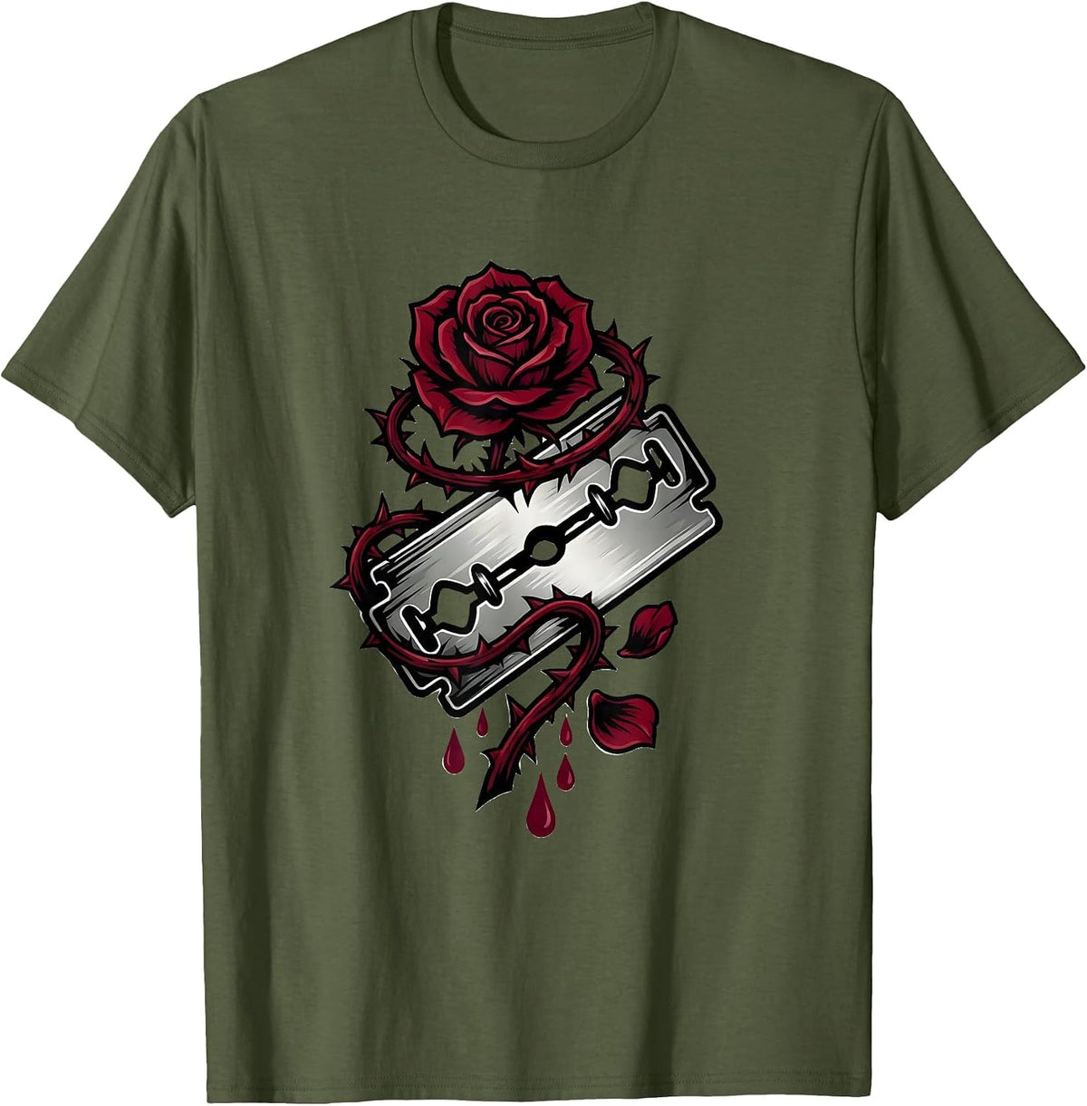 Razorblade Rose Punk Gothic Thorn Graphic Tee T-Shirt - Olive Green