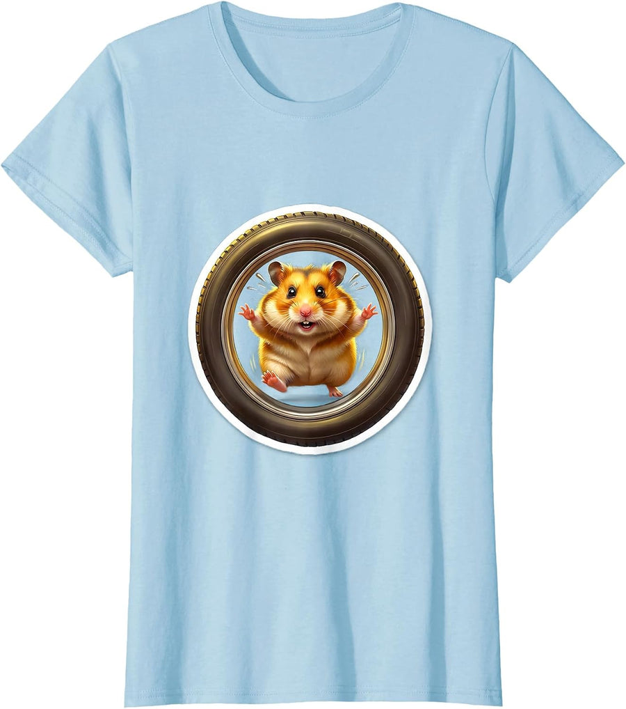 Women's Hamster On Oversized Office Wheel Funny Meme T-Shirt - Baby Blue